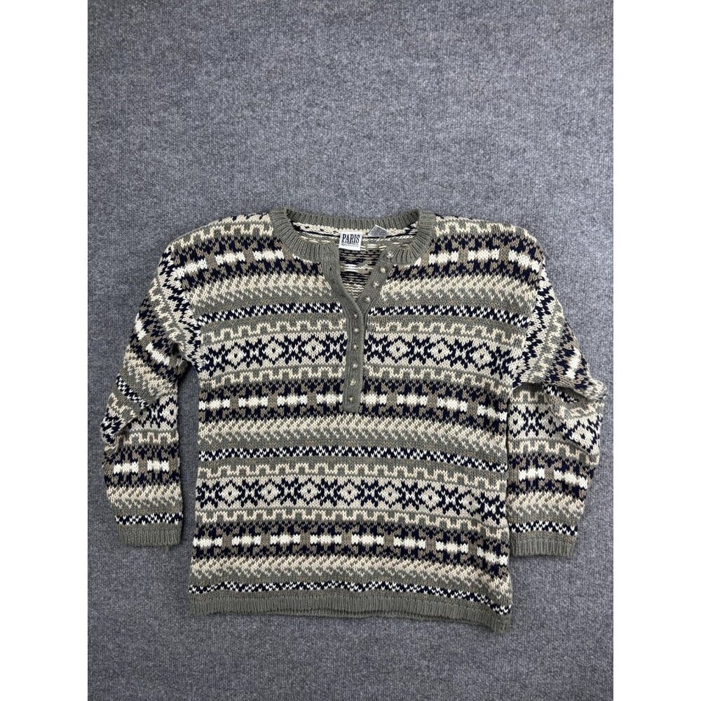 Paris Sport Club Sweater Womens Medium Green Tan Fair Isle Henley‎ Knit Pullover